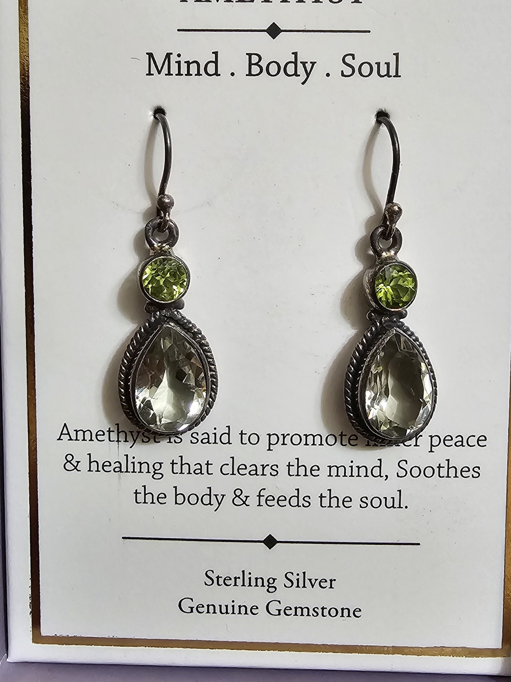 Sterling Silver Green Amethyst Gemstone Teardrop Earrings, NIB